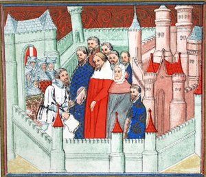 Ricardo II en el Castillo de Flint donde fue entregado prisionero a Bolingbroke, su rival al trono, copia facsímil de Le Prinse et Mort du Roy Richart por Jean Creton, reimpreso en el siglo XIX de French School